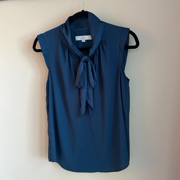 LOFT Women's Blue Sleeveless Tie-Neck Silky Shirt Blouse Top - Size S - Picture 6 of 6